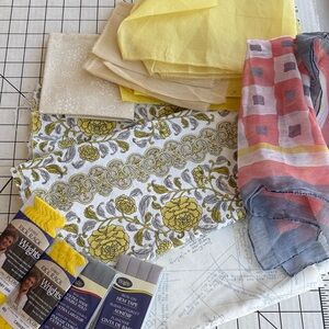 Mixed Vintage Sewing Fabric Bundle – Yellow Gray Floral, Organdy, Trim & Scarf